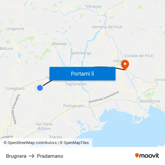 Brugnera to Pradamano map