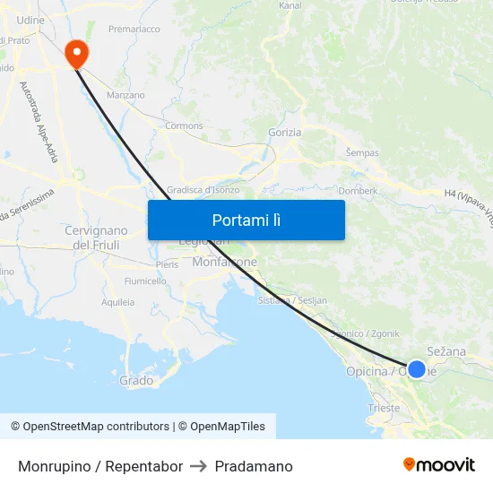 Monrupino / Repentabor to Pradamano map