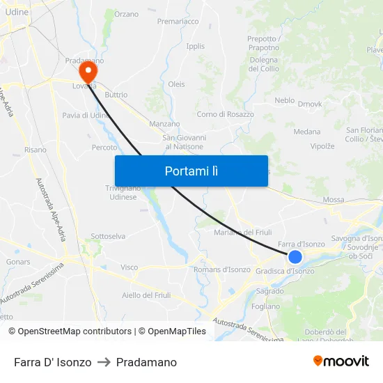Farra D' Isonzo to Pradamano map