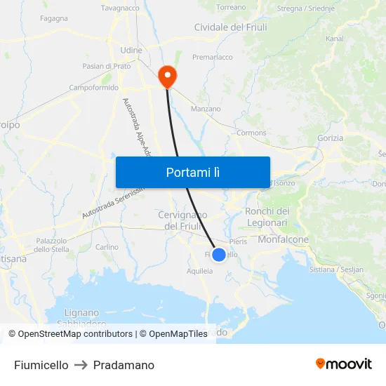Fiumicello to Pradamano map