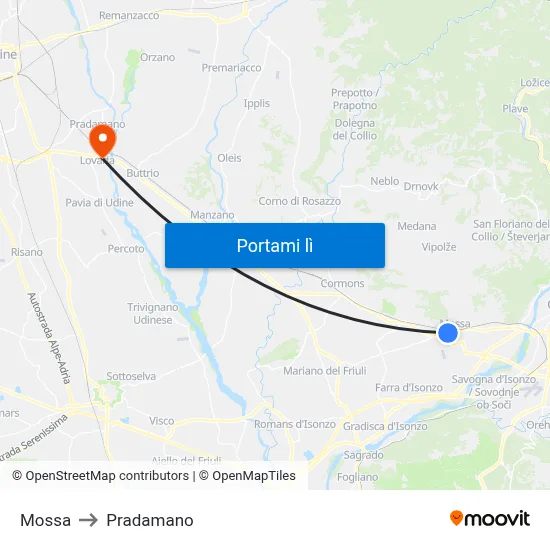 Mossa to Pradamano map