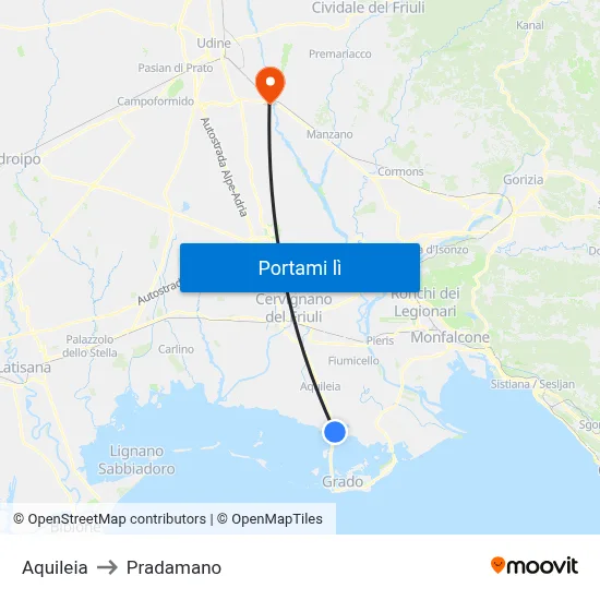 Aquileia to Pradamano map