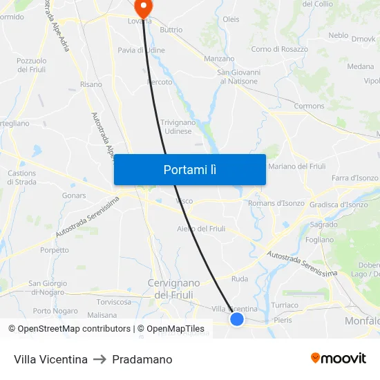 Villa Vicentina to Pradamano map