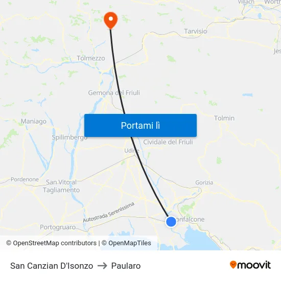 San Canzian D'Isonzo to Paularo map