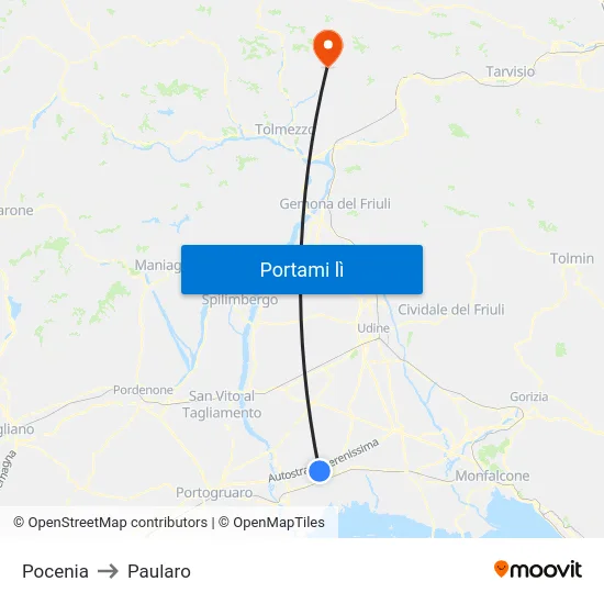 Pocenia to Paularo map