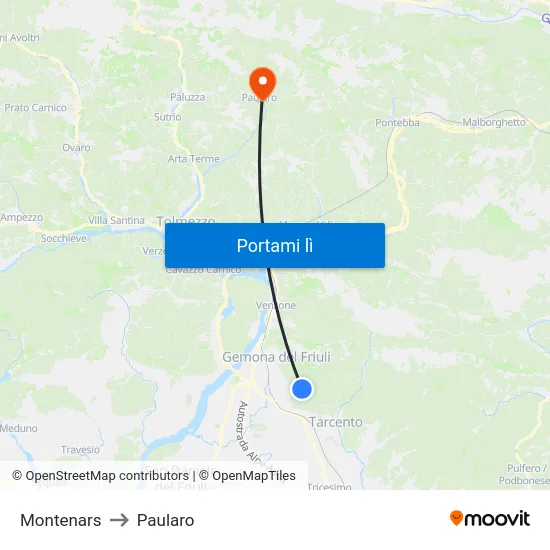 Montenars to Paularo map