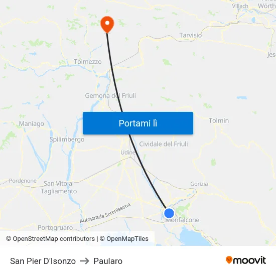 San Pier D'Isonzo to Paularo map
