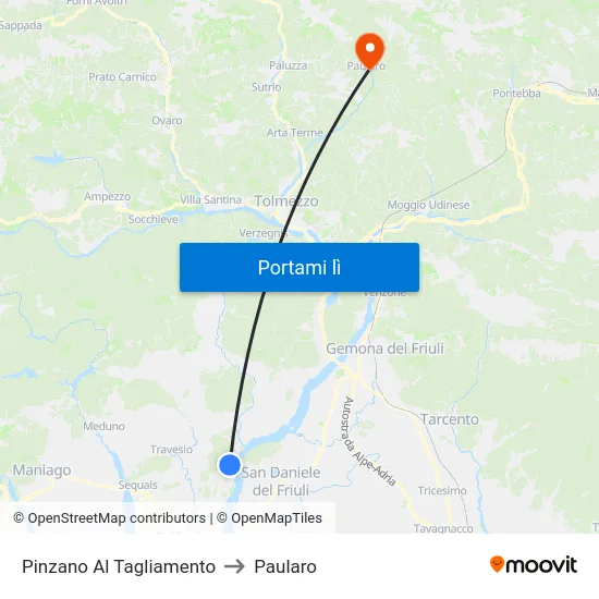 Pinzano Al Tagliamento to Paularo map