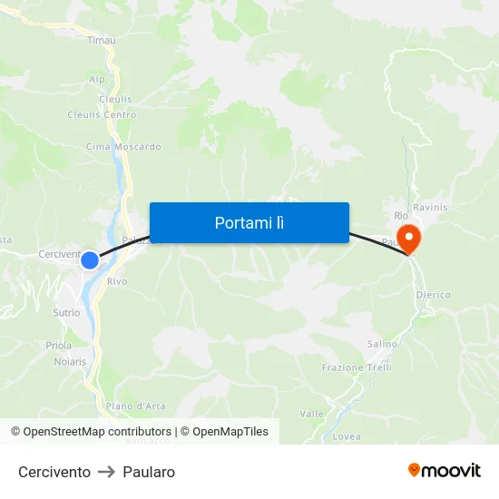 Cercivento to Paularo map