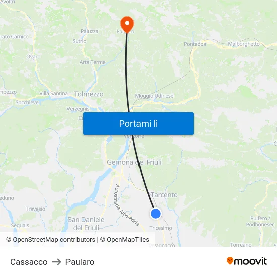 Cassacco to Paularo map