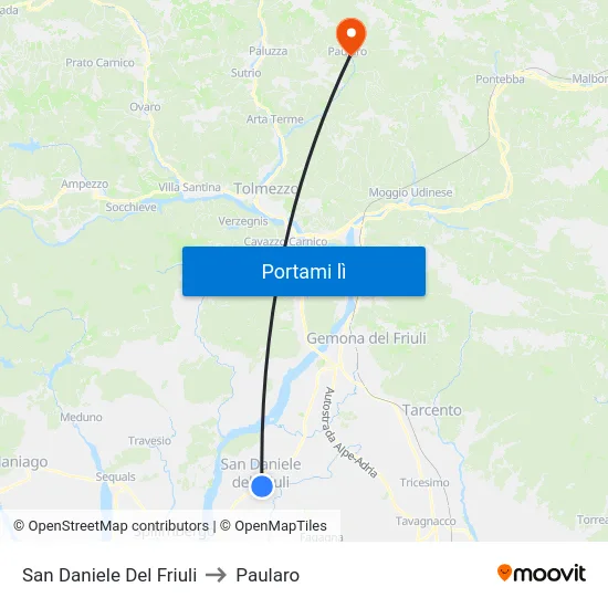 San Daniele Del Friuli to Paularo map