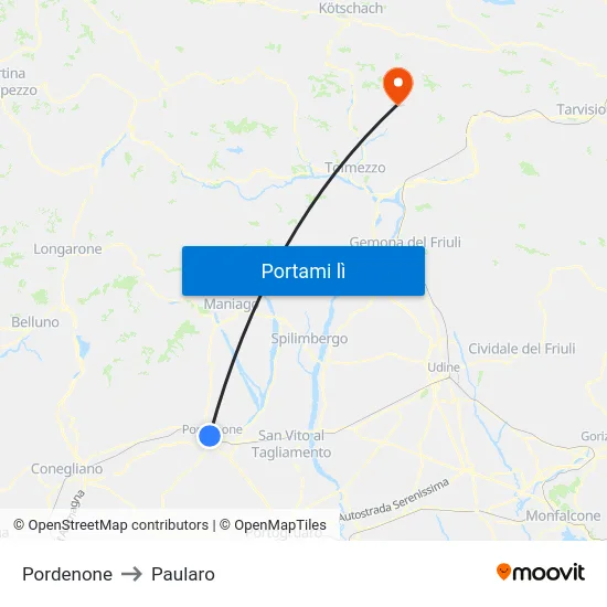 Pordenone to Paularo map