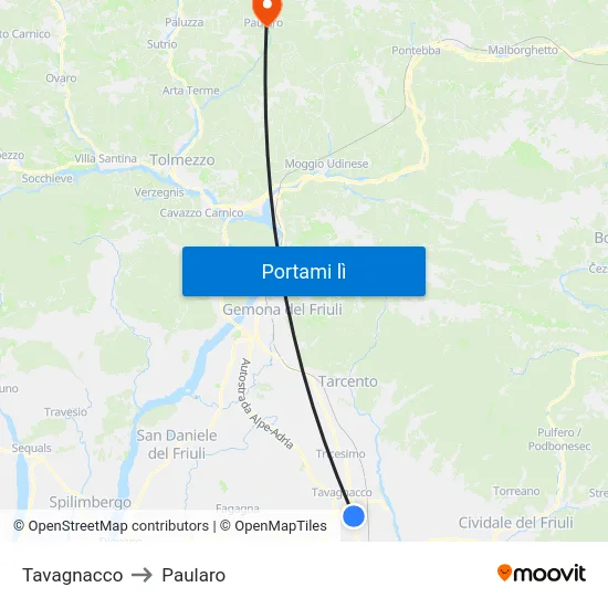 Tavagnacco to Paularo map