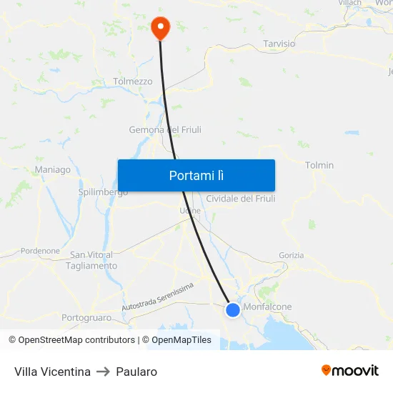 Villa Vicentina to Paularo map