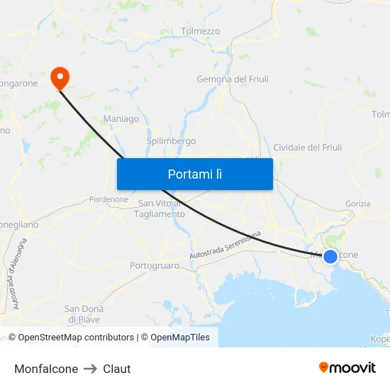Monfalcone to Claut map