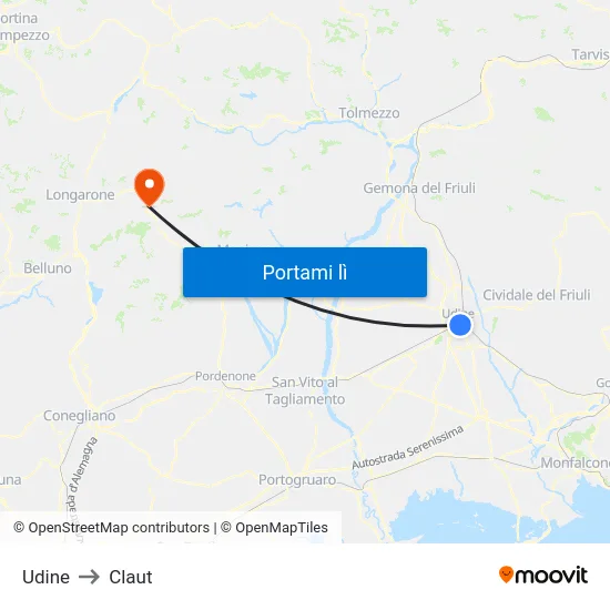 Udine to Claut map