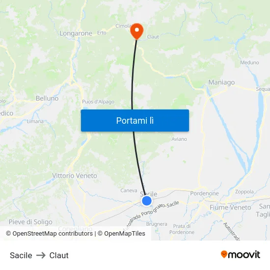 Sacile to Claut map