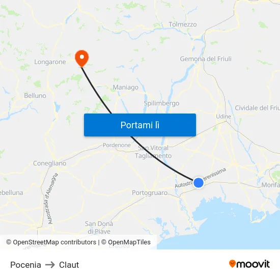 Pocenia to Claut map