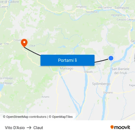 Vito D'Asio to Claut map