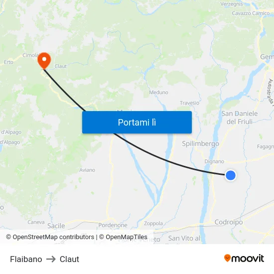 Flaibano to Claut map