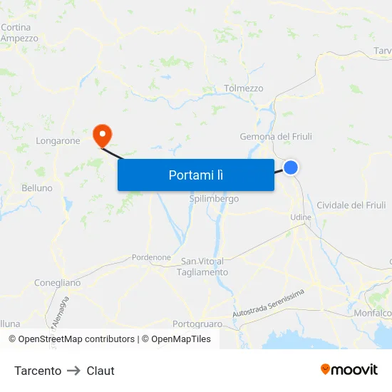 Tarcento to Claut map