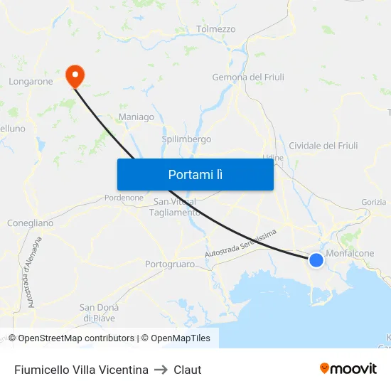 Fiumicello Villa Vicentina to Claut map
