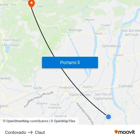 Cordovado to Claut map