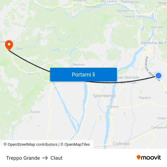 Treppo Grande to Claut map