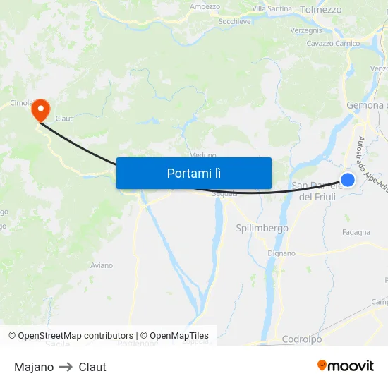 Majano to Claut map