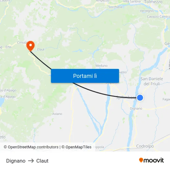 Dignano to Claut map