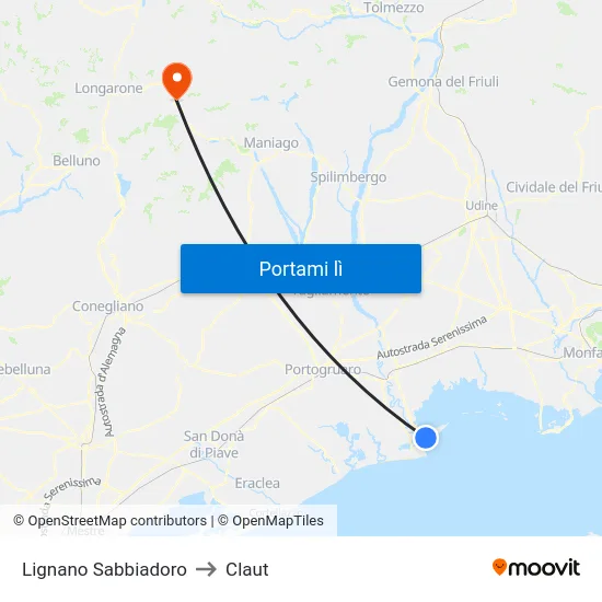 Lignano Sabbiadoro to Claut map