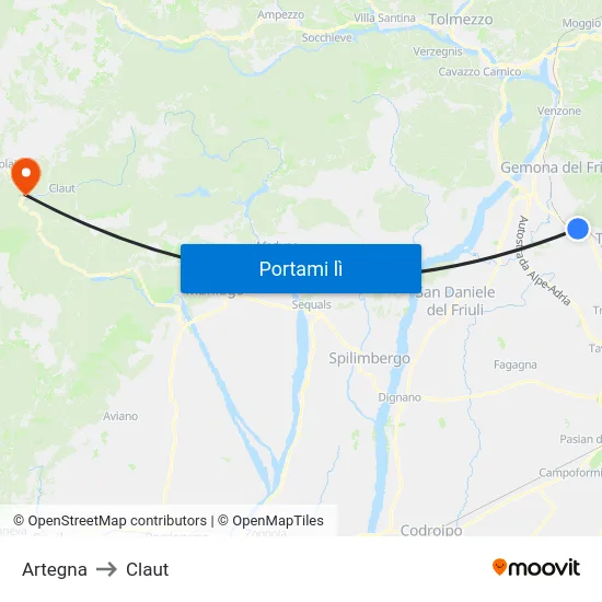 Artegna to Claut map