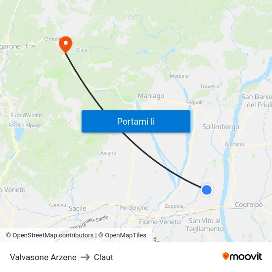 Valvasone Arzene to Claut map
