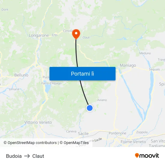 Budoia to Claut map
