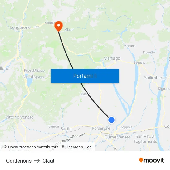 Cordenons to Claut map