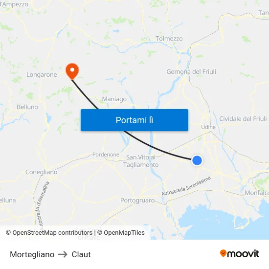 Mortegliano to Claut map
