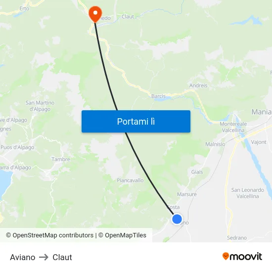 Aviano to Claut map