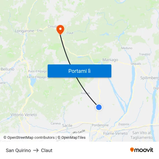 San Quirino to Claut map