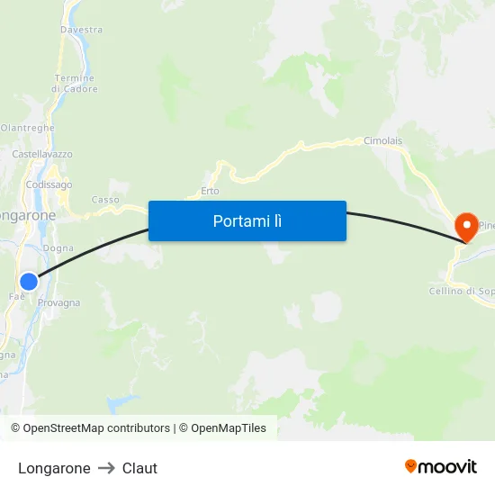 Longarone to Claut map