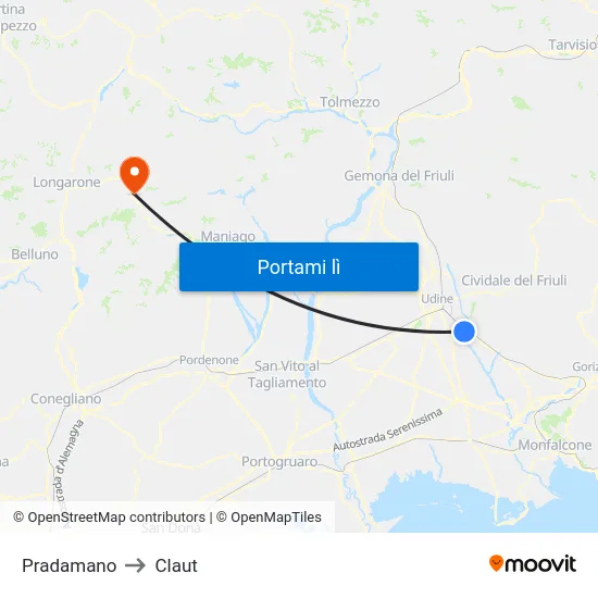 Pradamano to Claut map