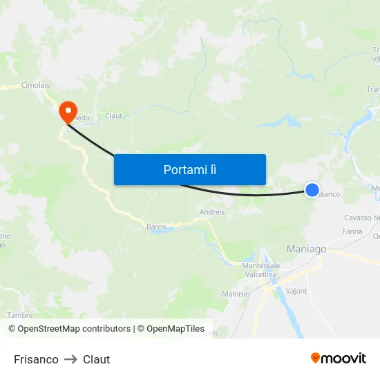 Frisanco to Claut map