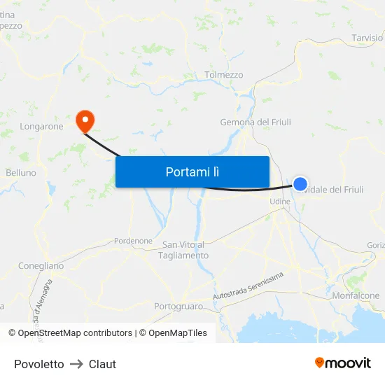 Povoletto to Claut map