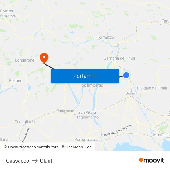 Cassacco to Claut map