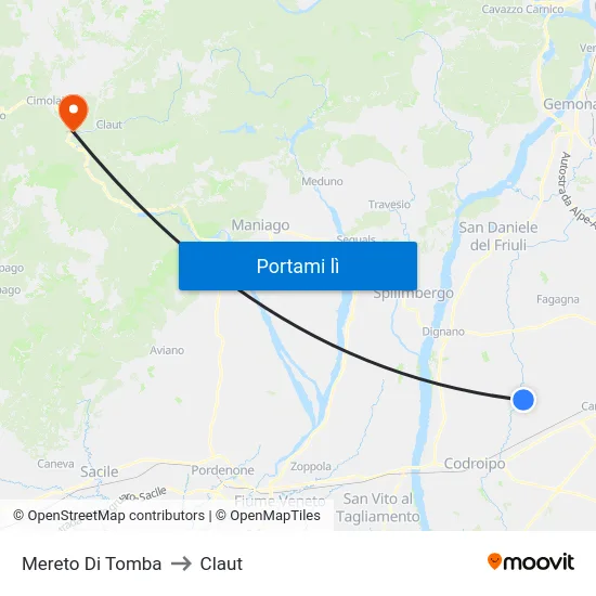 Mereto Di Tomba to Claut map