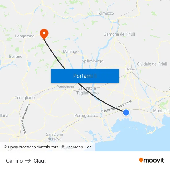 Carlino to Claut map