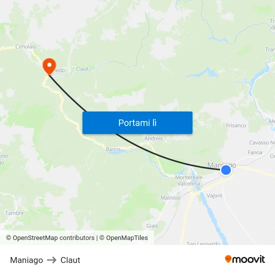 Maniago to Claut map