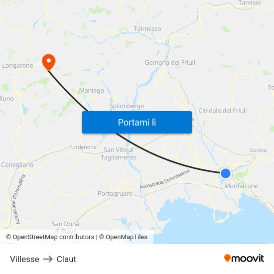 Villesse to Claut map