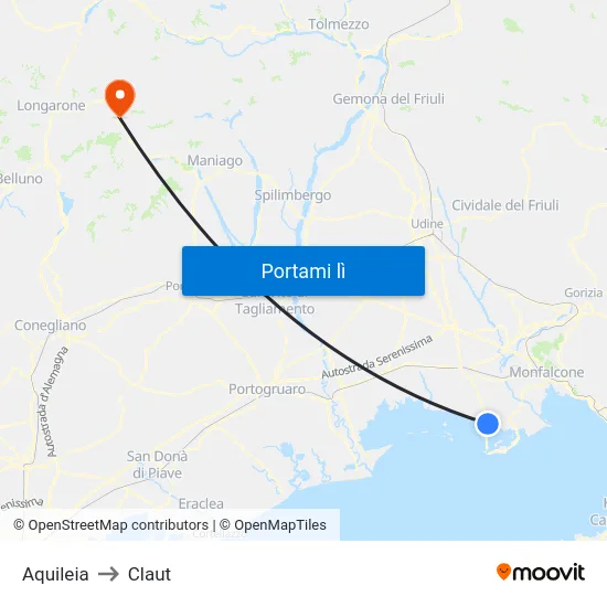 Aquileia to Claut map