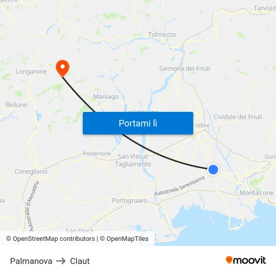 Palmanova to Claut map