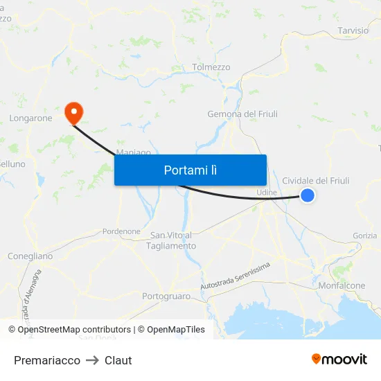 Premariacco to Claut map